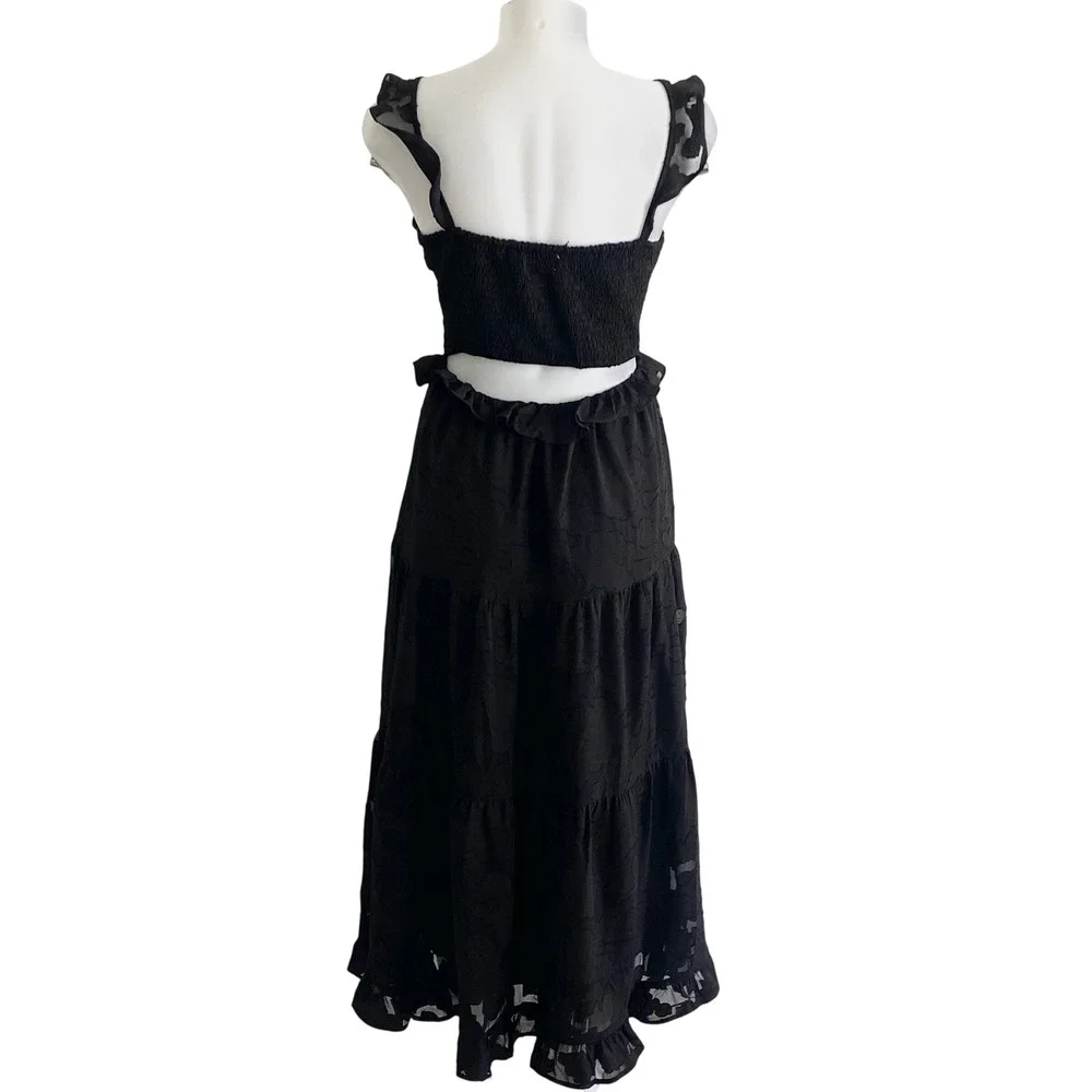Heartloom Black Burnout Floral Ruffle Midi Dress Smocked Back Cutout Size M